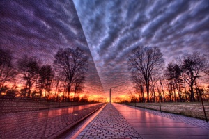 "Vietnam Memorial Cloudy Sunrise" - An HDR photo of the Vietnam Memorial in Washington DC taken at sunrise on a cloudy morning by Angela B. Pan.