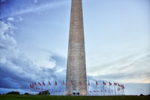 The Washington Monument at sunset after rain