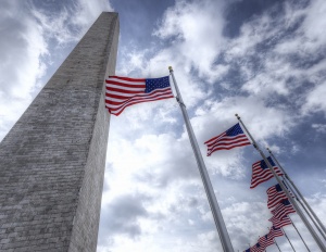monument, looking up, american flags