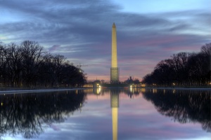 washington monument, reflecting pool, sunrise, trees, clouds, pink, scaffolding, washington dc, capitol, united states, usa