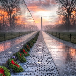 vietnam veterans memorial, washington dc, wreaths across america, wreaths, sunrise, washington monument, trees, reflection, puddles, veterans day